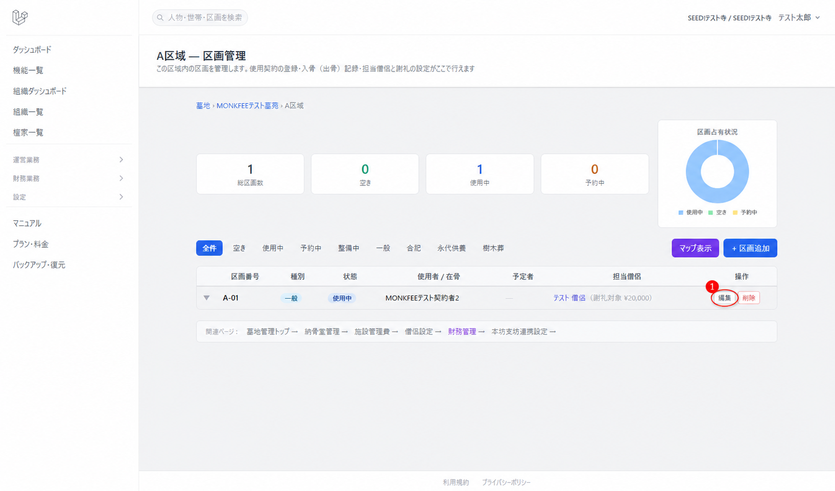 区画管理画面。①編集ボタン