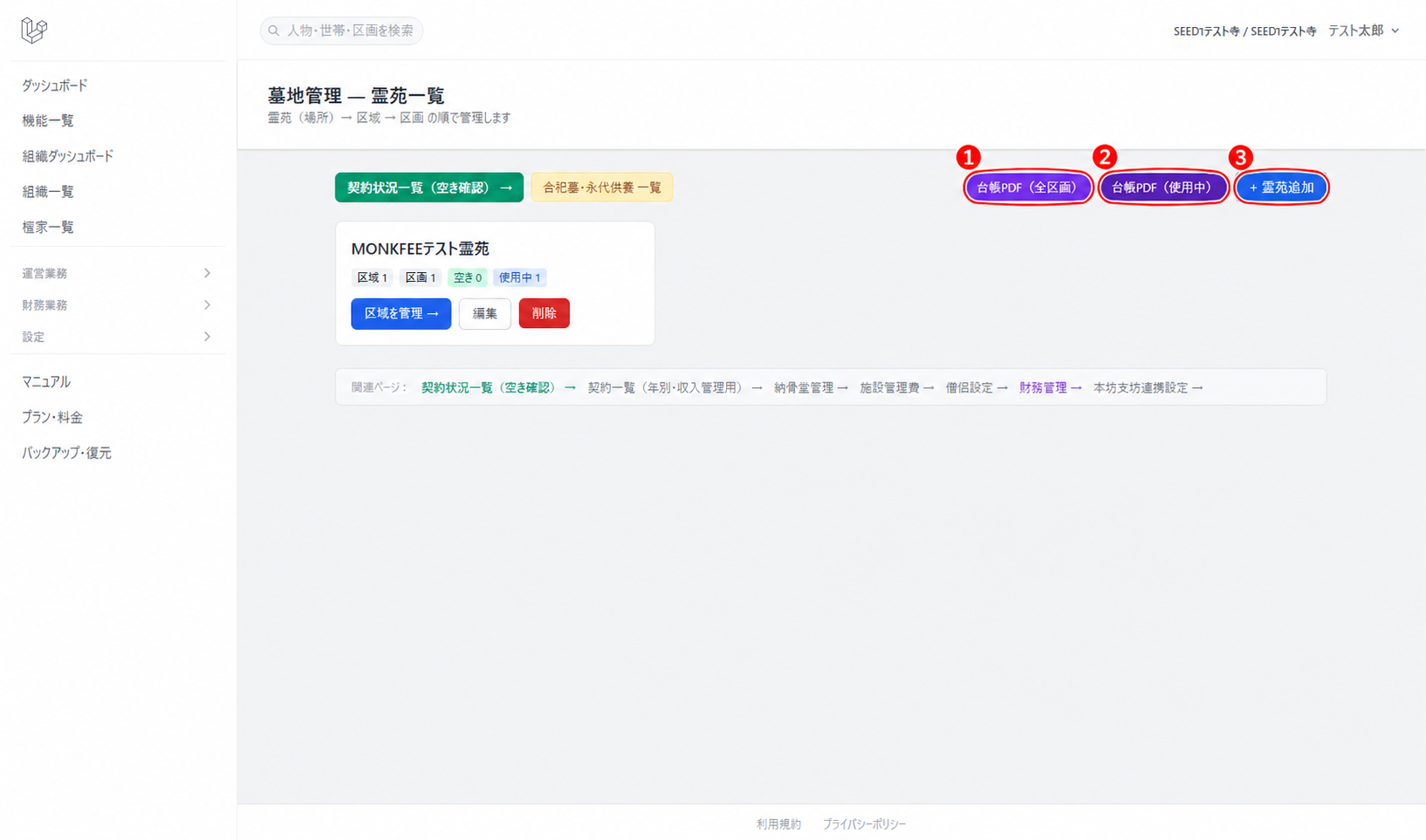 墓地管理トップページ。①台帳PDF（全区画）②台帳PDF（使用中）③霊苑追加ボタン