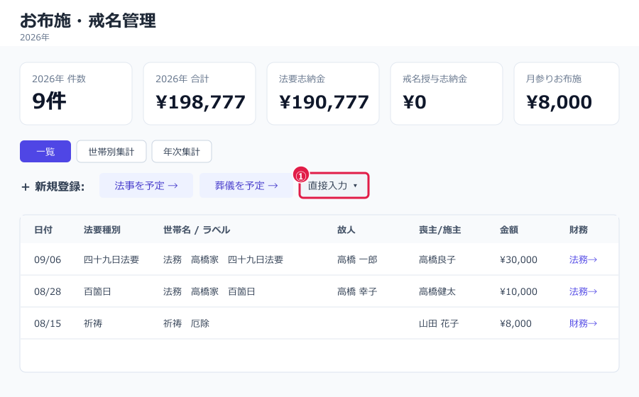 お布施・戒名管理 一覧画面
