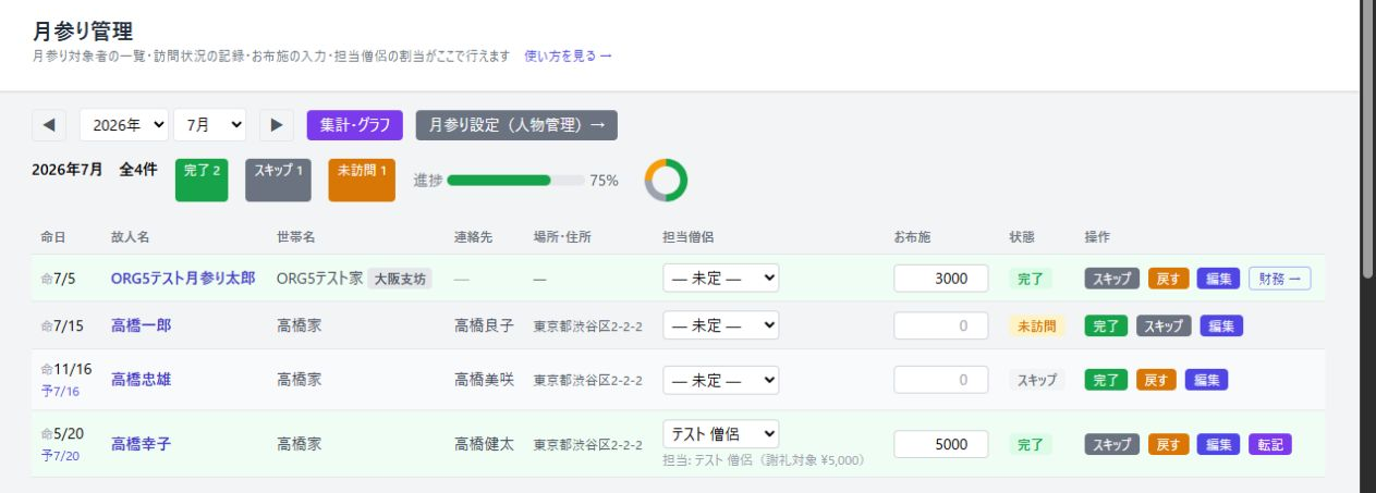 月参り一覧画面
